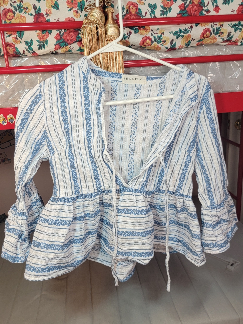 Blue & White Striped Tie-Front Peplum Blouse Size Small